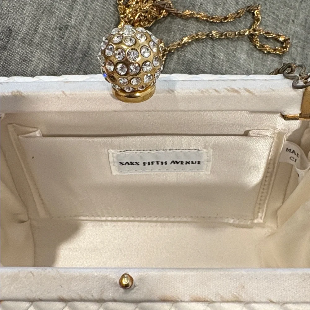 Vintage Saks Fifth Avenue Quilted Box Clutch Crystal Clasp Evening Bag